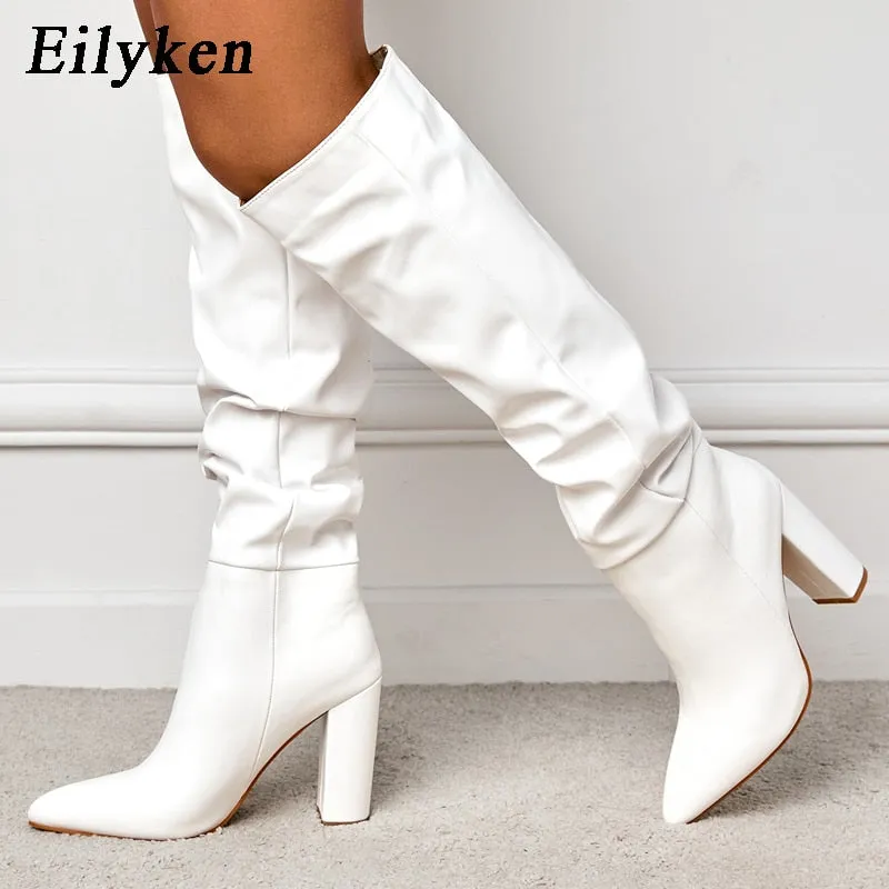 Amozae    Fashion White Women Knee High Boots   Pointed Toe Square Heels Ladies Long Boot Slip On Female Shoes size 35-42