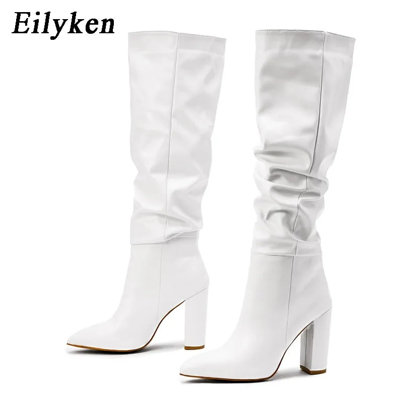 Amozae    Fashion White Women Knee High Boots   Pointed Toe Square Heels Ladies Long Boot Slip On Female Shoes size 35-42