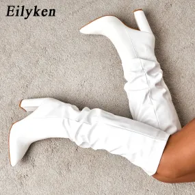 Amozae    Fashion White Women Knee High Boots   Pointed Toe Square Heels Ladies Long Boot Slip On Female Shoes size 35-42