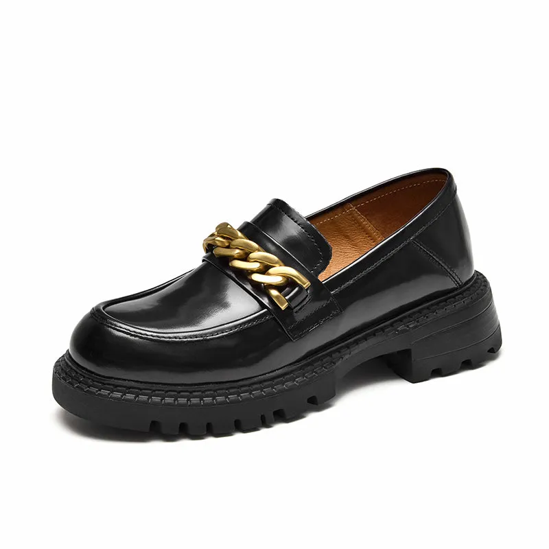 BeauToday Leather Platform Loafers for Women with Chain Decor