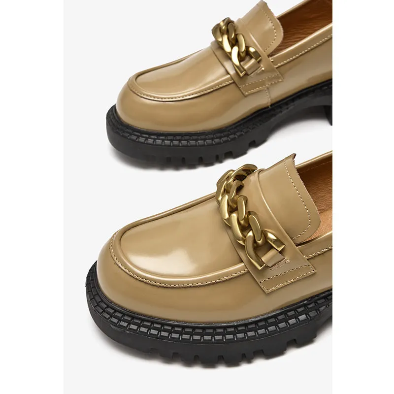 BeauToday Leather Platform Loafers for Women with Chain Decor