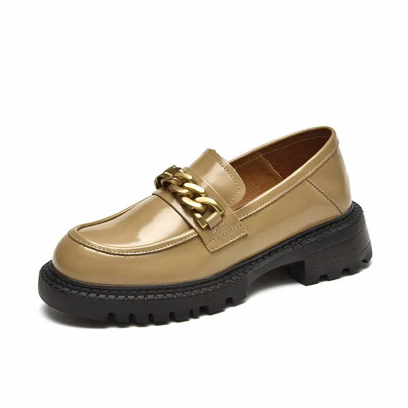 BeauToday Leather Platform Loafers for Women with Chain Decor