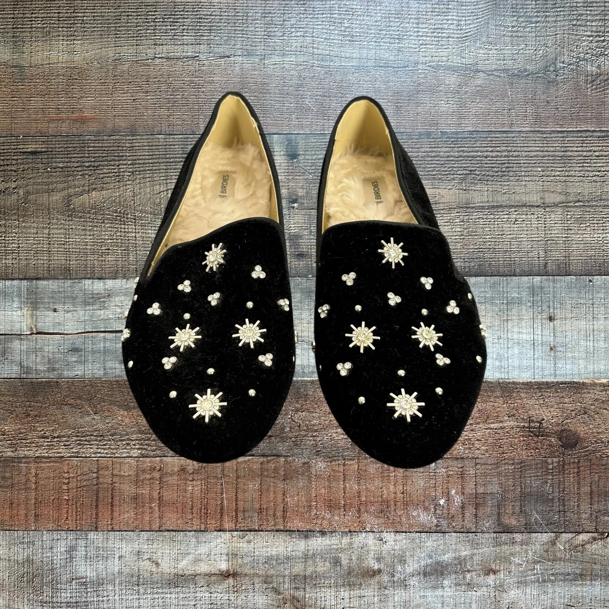 Birdies Black Crystal Jeweled Velvet Loafers- Size 6 (sold out online)