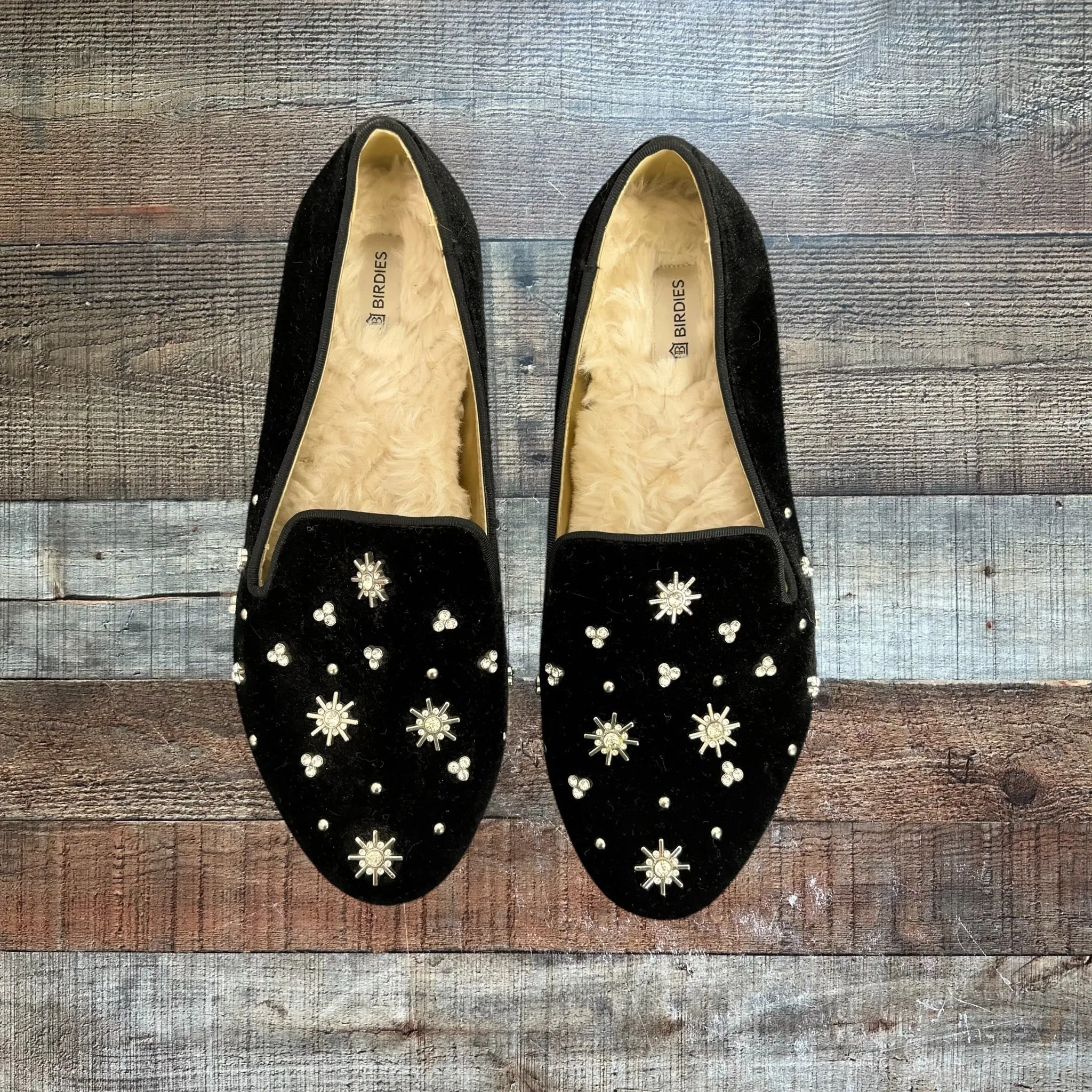 Birdies Black Crystal Jeweled Velvet Loafers- Size 6 (sold out online)