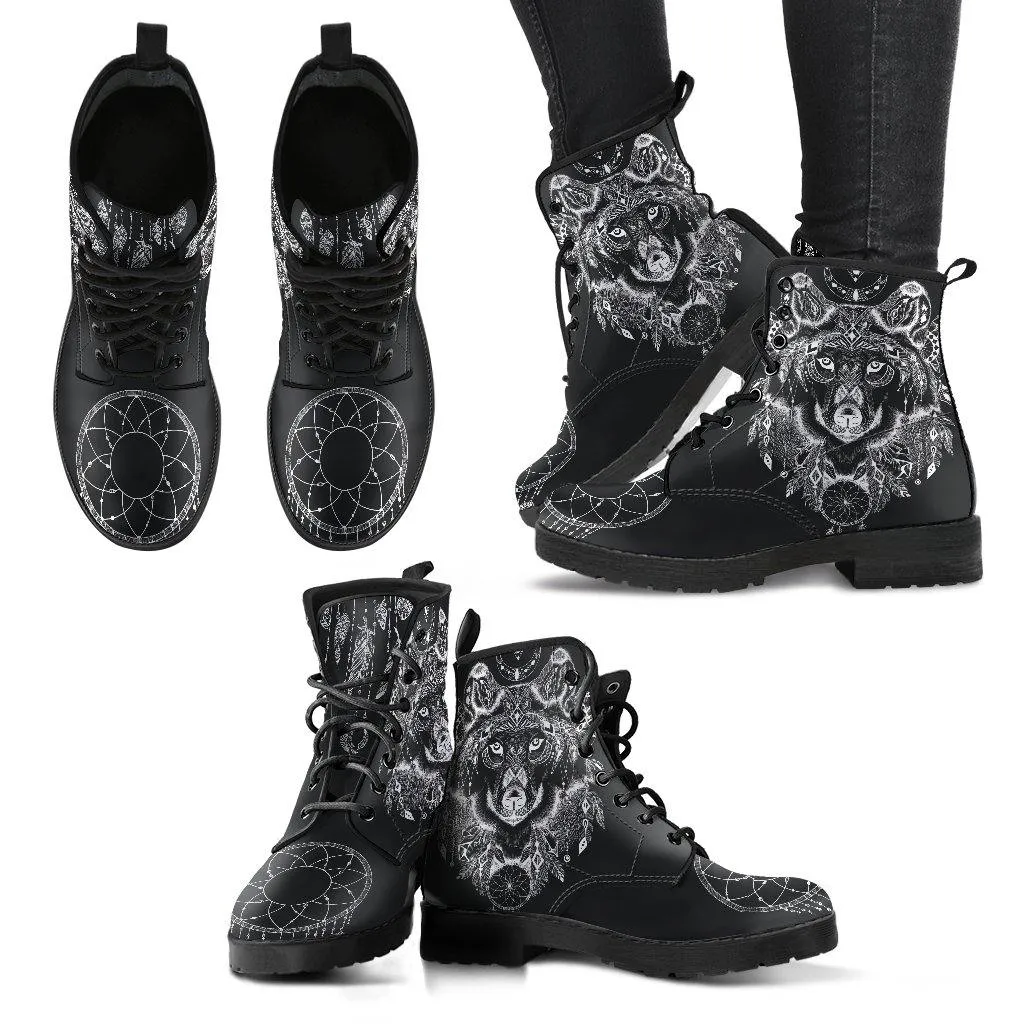 Black Wolf Dreamcatcher  Memory Foam Boots | All Season Lace Up Boots | Vegan Leather Combat Boot by Manifestie