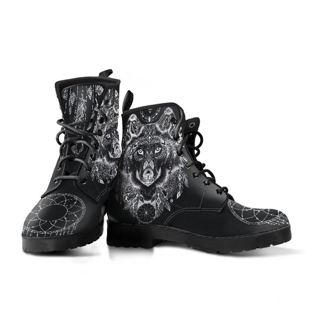 Black Wolf Dreamcatcher  Memory Foam Boots | All Season Lace Up Boots | Vegan Leather Combat Boot by Manifestie