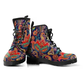 Blue Paisley Flower  Memory Foam Boots | All Season Lace Up Boots | Vegan Leather Combat Boot by Manifestie