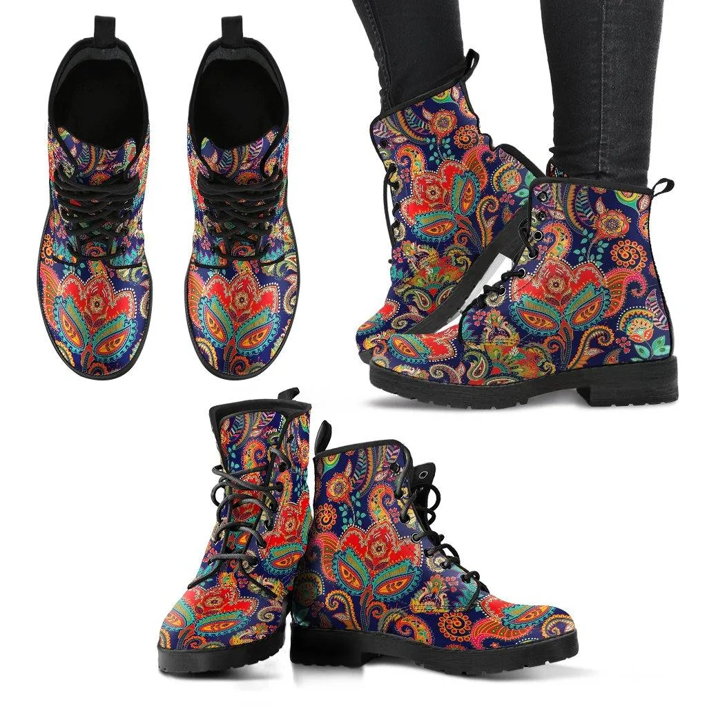 Blue Paisley Flower  Memory Foam Boots | All Season Lace Up Boots | Vegan Leather Combat Boot by Manifestie