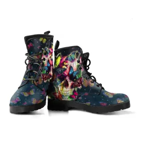 Butterfly Skull  Memory Foam Boots | All Season Lace Up Boots | Vegan Leather Combat Boot by Manifestie