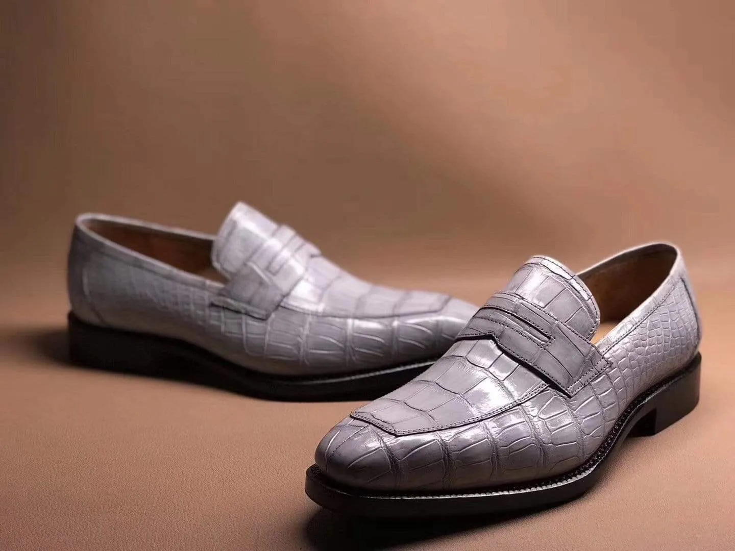 Crocodile Shoes Light Grey Men's Crocodile Leather Loafers,Slip-Ons Diving Shoes, Penny Loafers Shoes