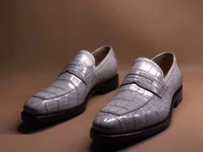 Crocodile Shoes Light Grey Men's Crocodile Leather Loafers,Slip-Ons Diving Shoes, Penny Loafers Shoes