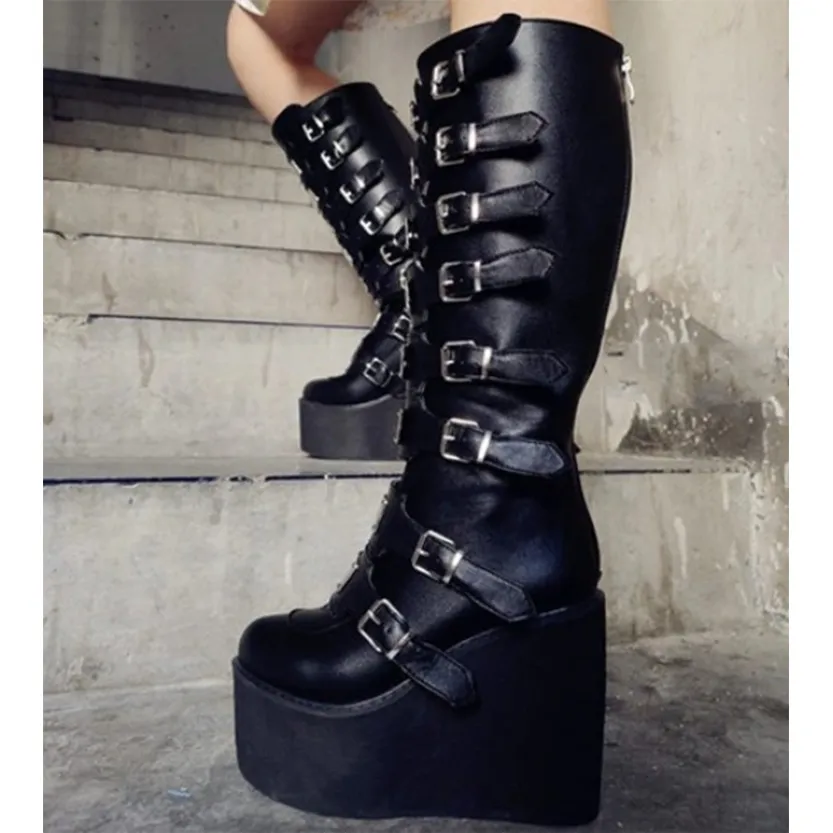 Funki Buys | Boots | Women's High Platform Wedge Buckle Boot