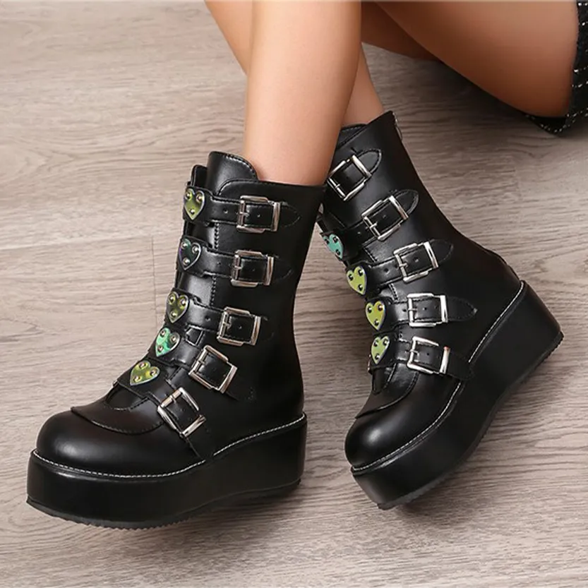 Funki Buys | Boots | Women's Mid-Calf Buckle Strap Wedge Boot