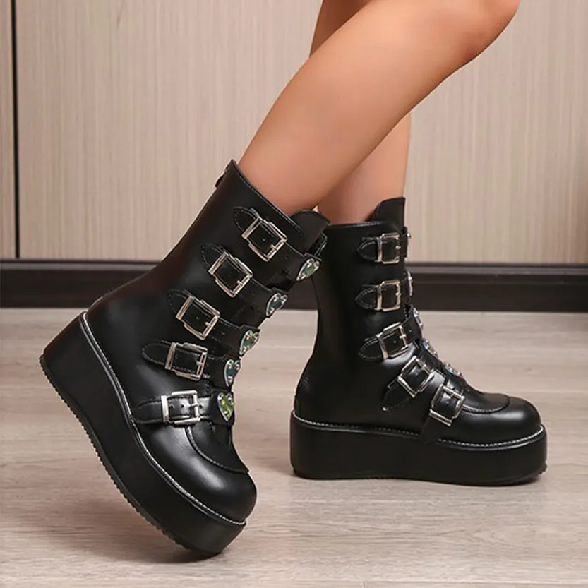 Funki Buys | Boots | Women's Mid-Calf Buckle Strap Wedge Boot