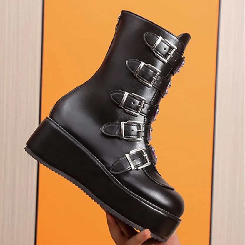 Funki Buys | Boots | Women's Mid-Calf Buckle Strap Wedge Boot