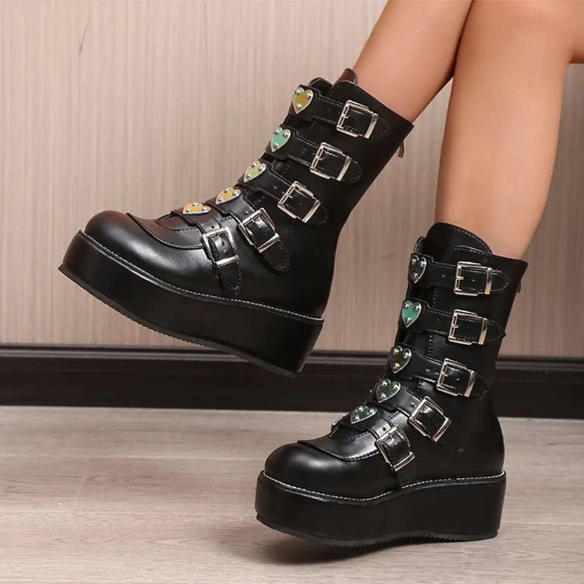 Funki Buys | Boots | Women's Mid-Calf Buckle Strap Wedge Boot