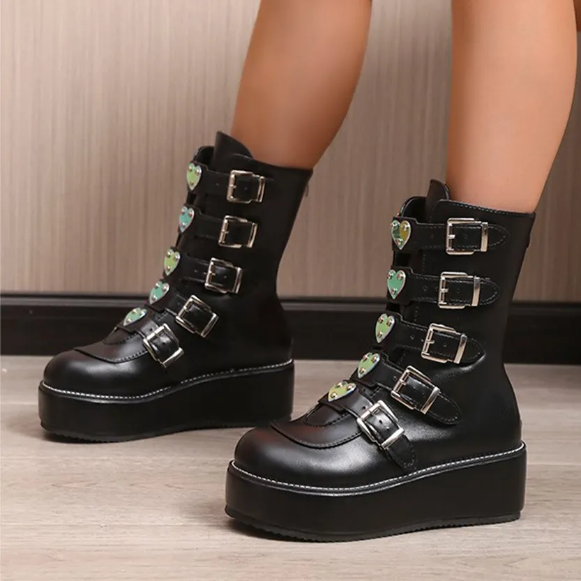 Funki Buys | Boots | Women's Mid-Calf Buckle Strap Wedge Boot