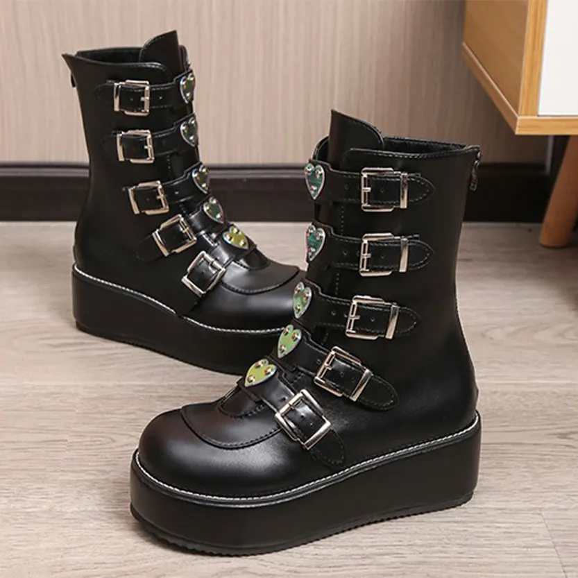 Funki Buys | Boots | Women's Mid-Calf Buckle Strap Wedge Boot