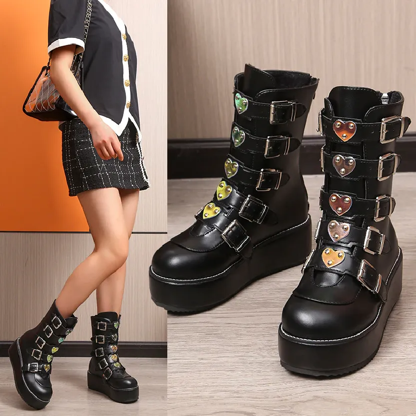 Funki Buys | Boots | Women's Mid-Calf Buckle Strap Wedge Boot