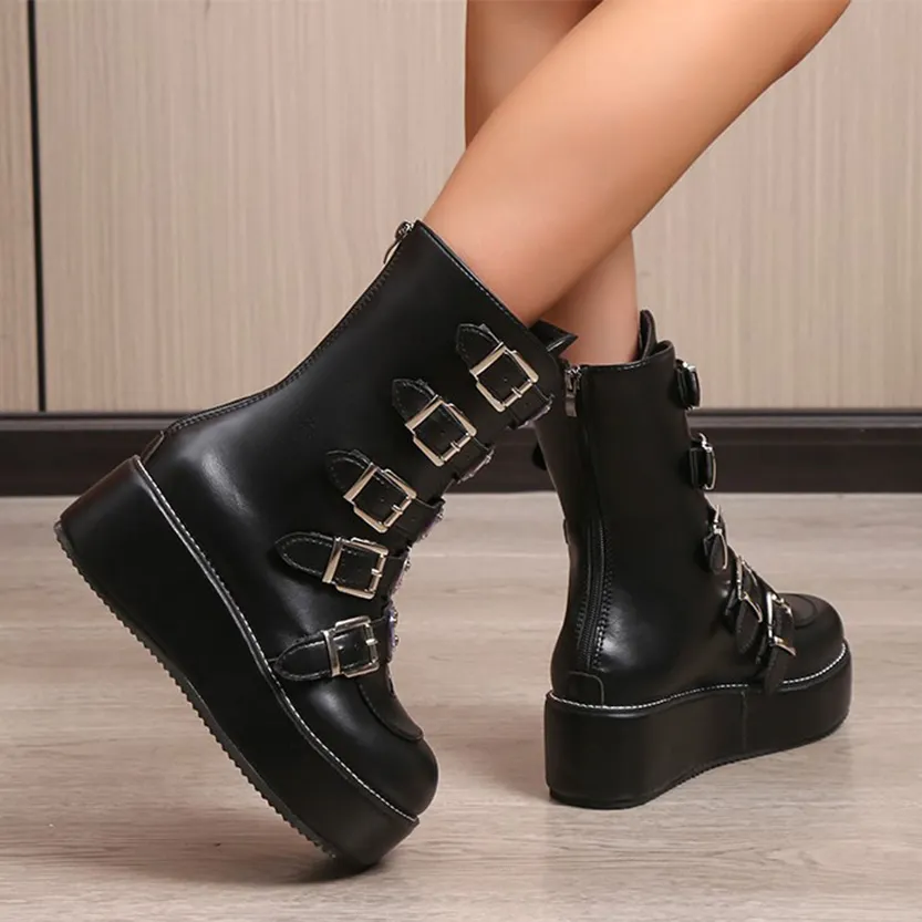 Funki Buys | Boots | Women's Mid-Calf Buckle Strap Wedge Boot