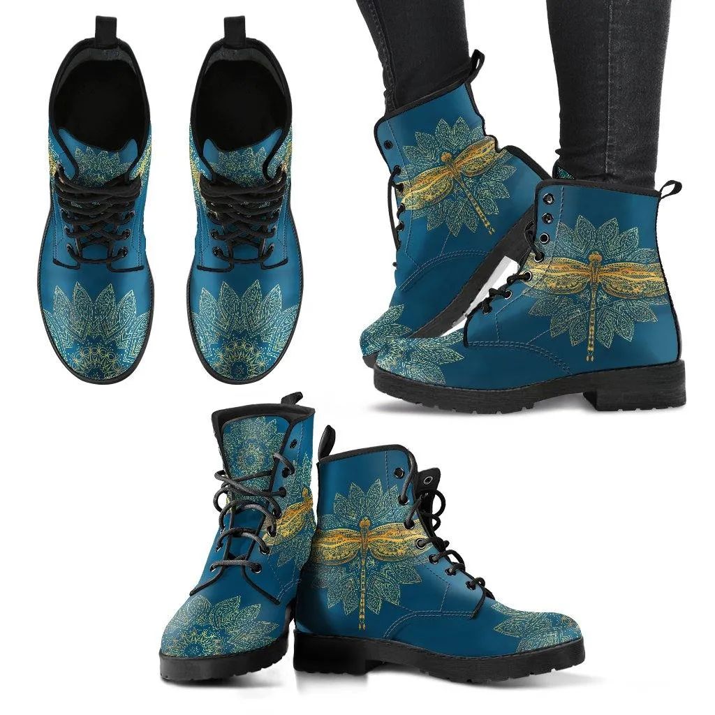 Gold Dragonfly on Teal  Memory Foam Boots | All Season Lace Up Boots | Vegan Leather Combat Boot by Manifestie