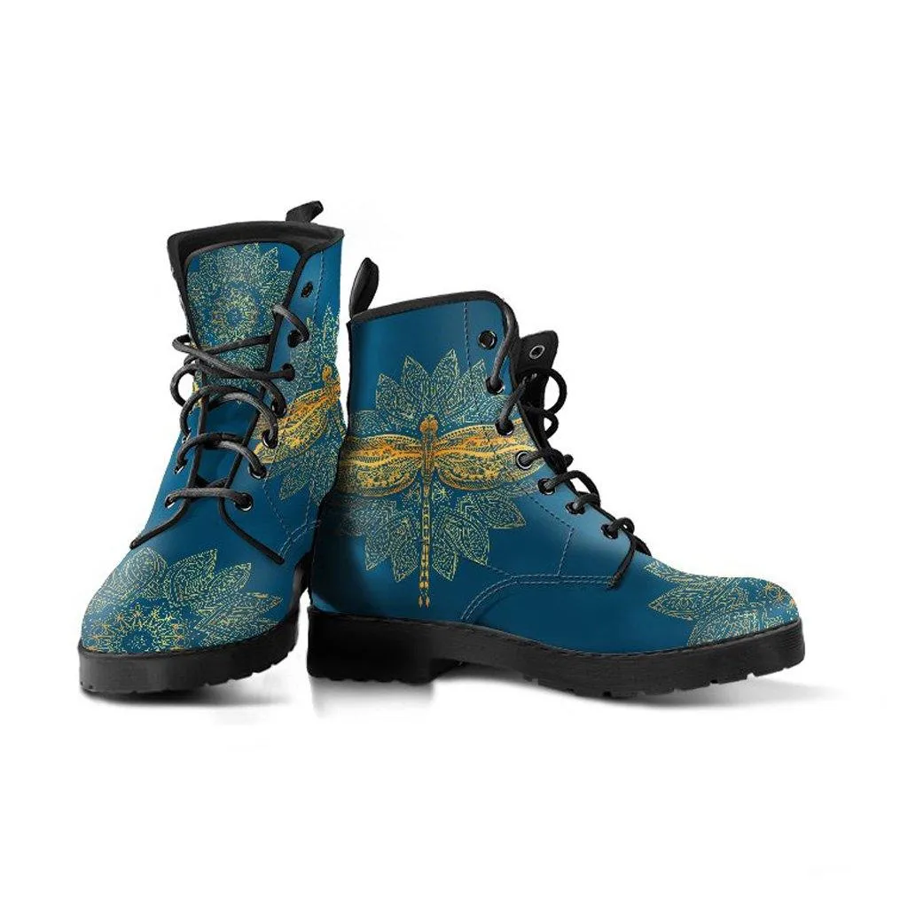 Gold Dragonfly on Teal  Memory Foam Boots | All Season Lace Up Boots | Vegan Leather Combat Boot by Manifestie