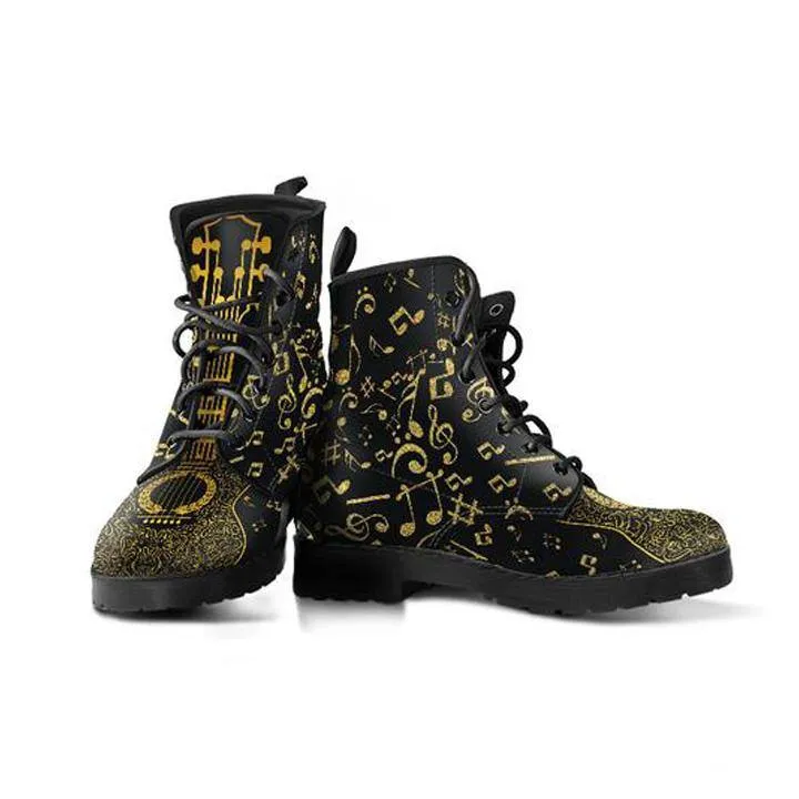 Gold Music Notes  Memory Foam Boots | All Season Lace Up Boots | Vegan Leather Combat Boot by Manifestie