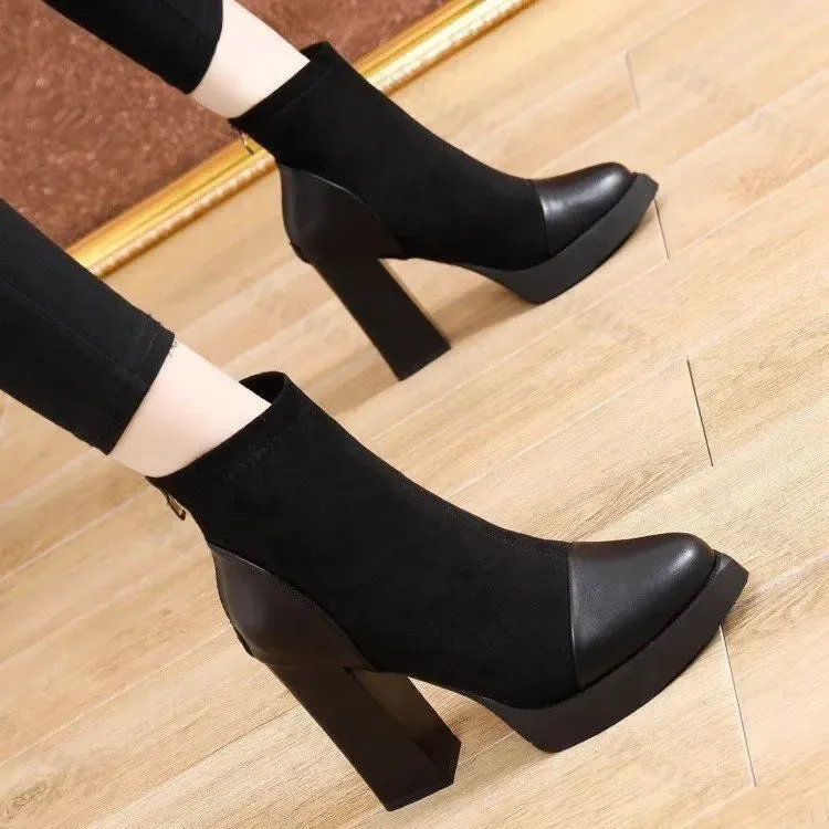 Hnzxzm Square Heel Ankle Boots Autumn New Comfort Soft Leather High Heel Boots Women's Fashion Pointed Zipper Temperament Women's Shoes