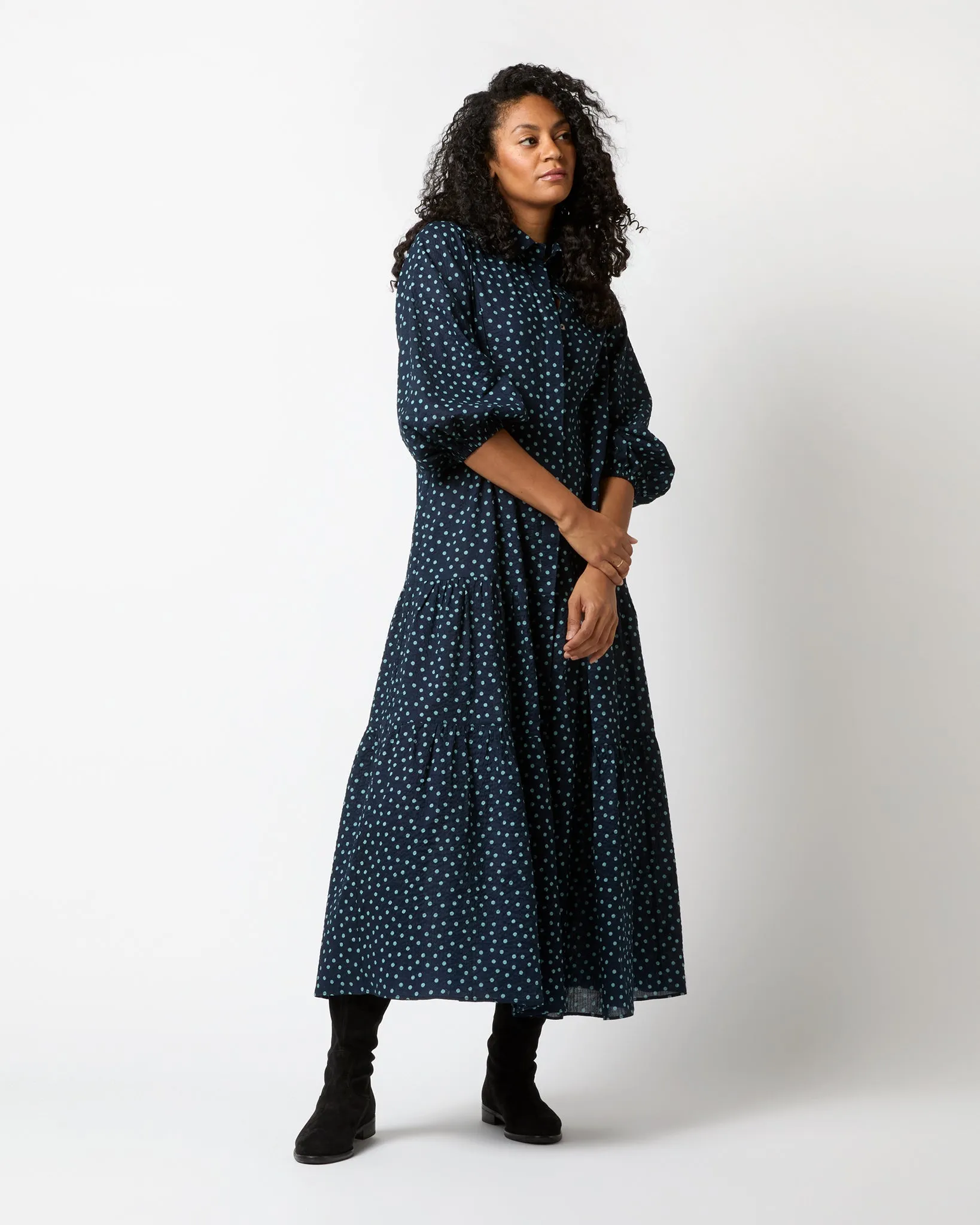 Isla Shirtdress in Navy/Steel Blue Crinkle Cotton