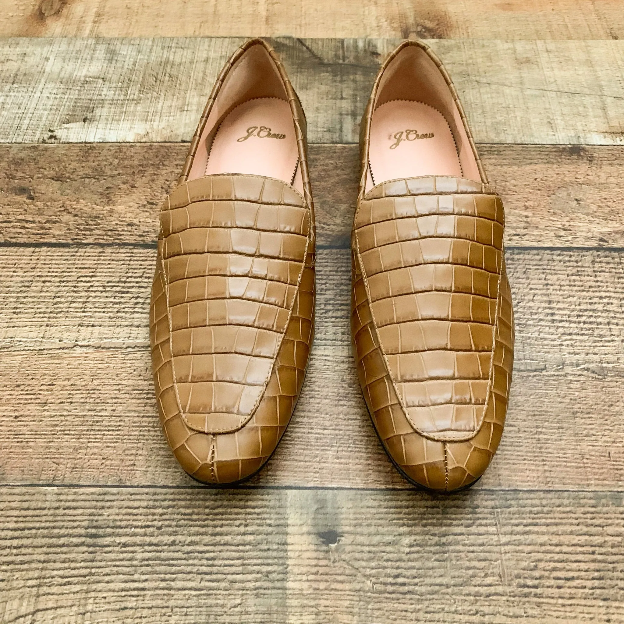 J Crew Croc Embossed Leather Dark Cedar Slip On Loafers- Size 11 (LIKE NEW)