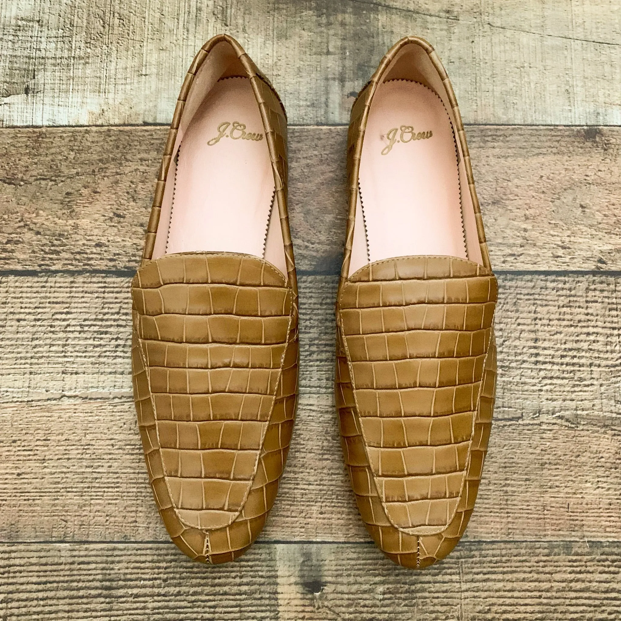 J Crew Croc Embossed Leather Dark Cedar Slip On Loafers- Size 11 (LIKE NEW)