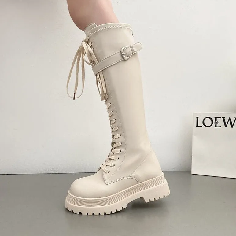 Korean Fashion Womens Knee High Lace Up Beige Combat Boots