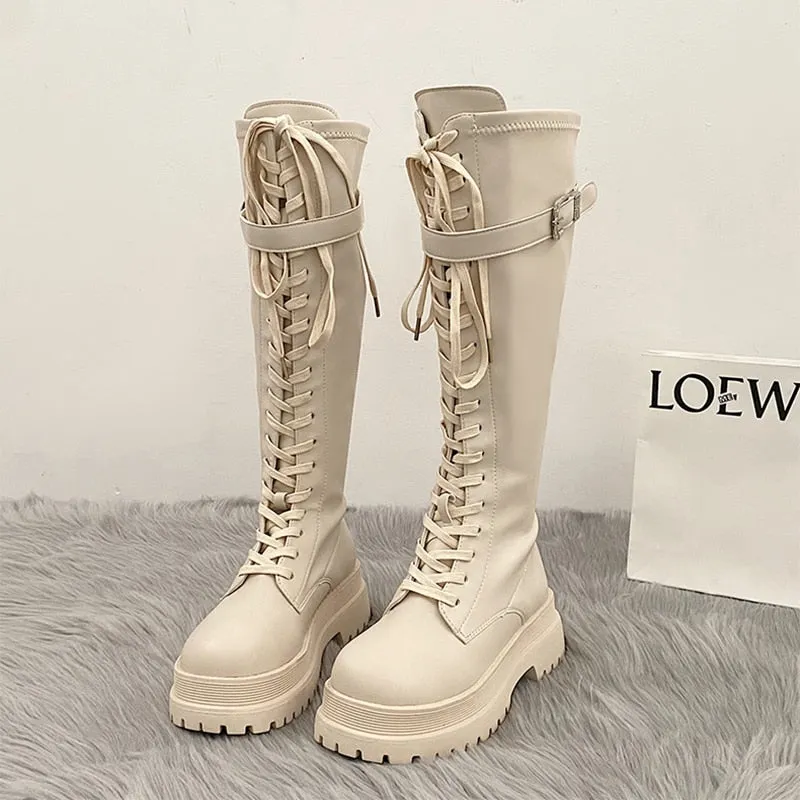 Korean Fashion Womens Knee High Lace Up Beige Combat Boots