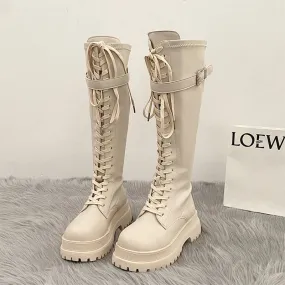 Korean Fashion Womens Knee High Lace Up Beige Combat Boots