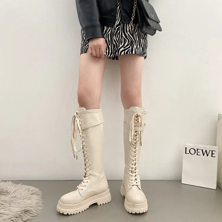 Korean Fashion Womens Knee High Lace Up Beige Combat Boots