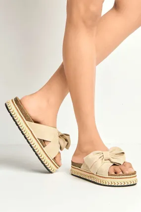 Lucia Crossover Knotted Bow Band Espadrilles in Beige