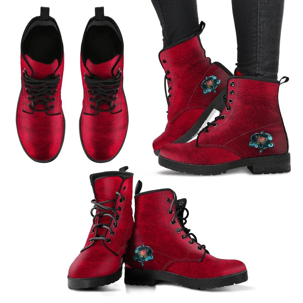 Red Steampunk  Memory Foam Boots | All Season Lace Up Boots | Vegan Leather Combat Boot by Manifestie