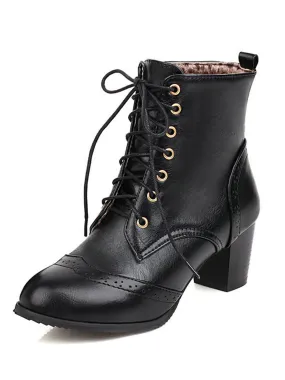 Retro Leather Medium Heel Lace-Up Combat Boots