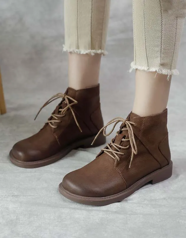 Soft Leather Wide Head Retro Boots