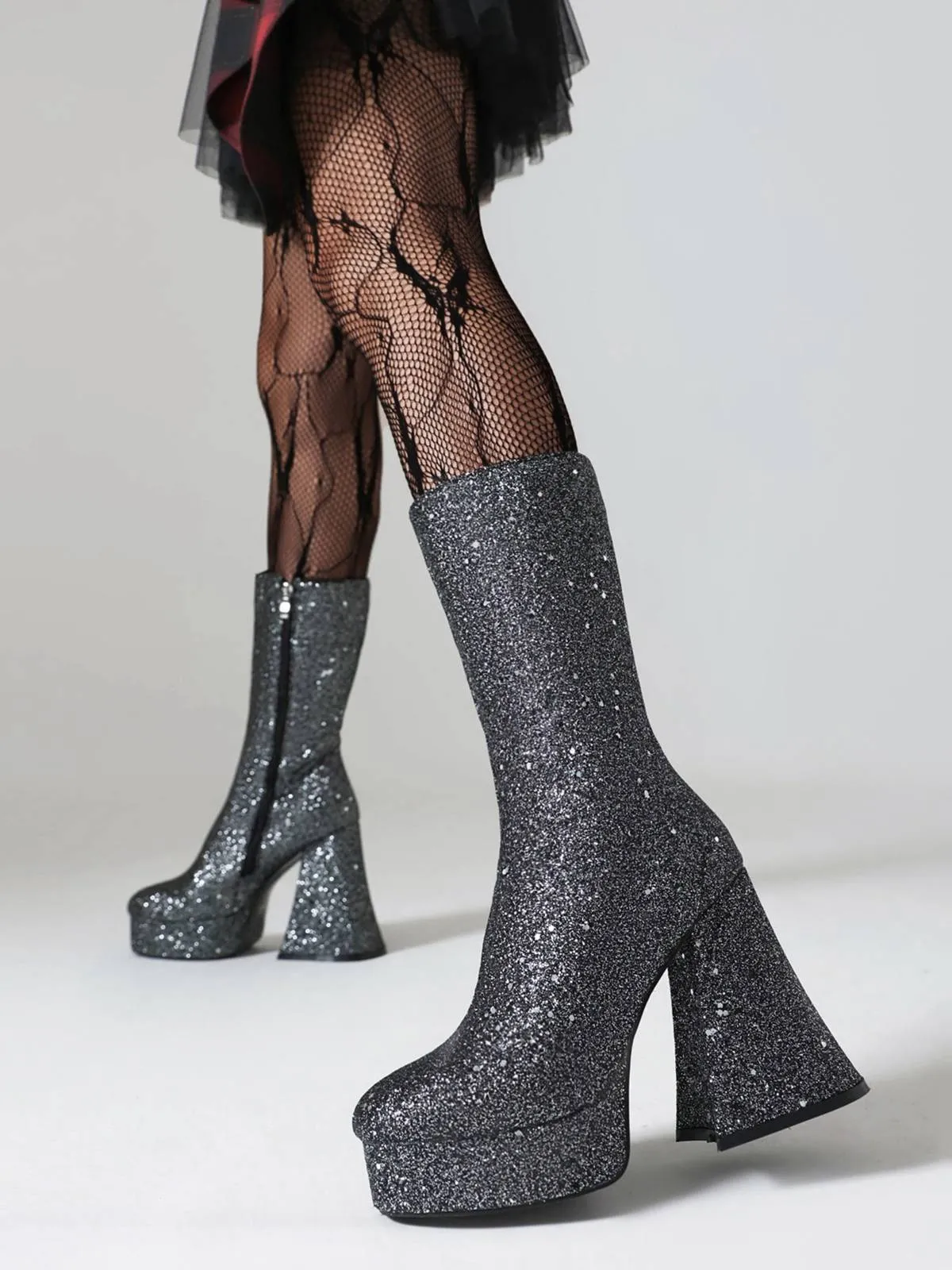 Square Toe Sequined Chunky Heel Mid-Calf Boots