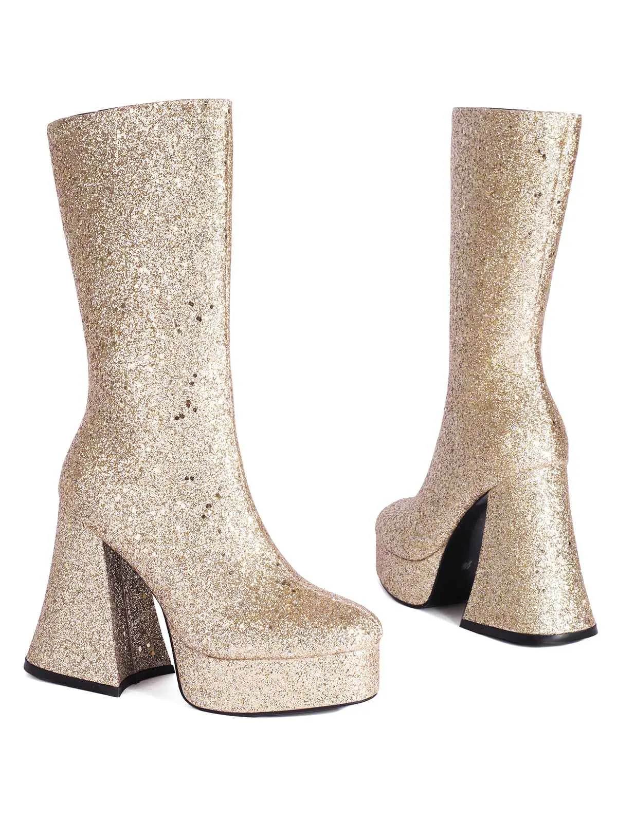 Square Toe Sequined Chunky Heel Mid-Calf Boots