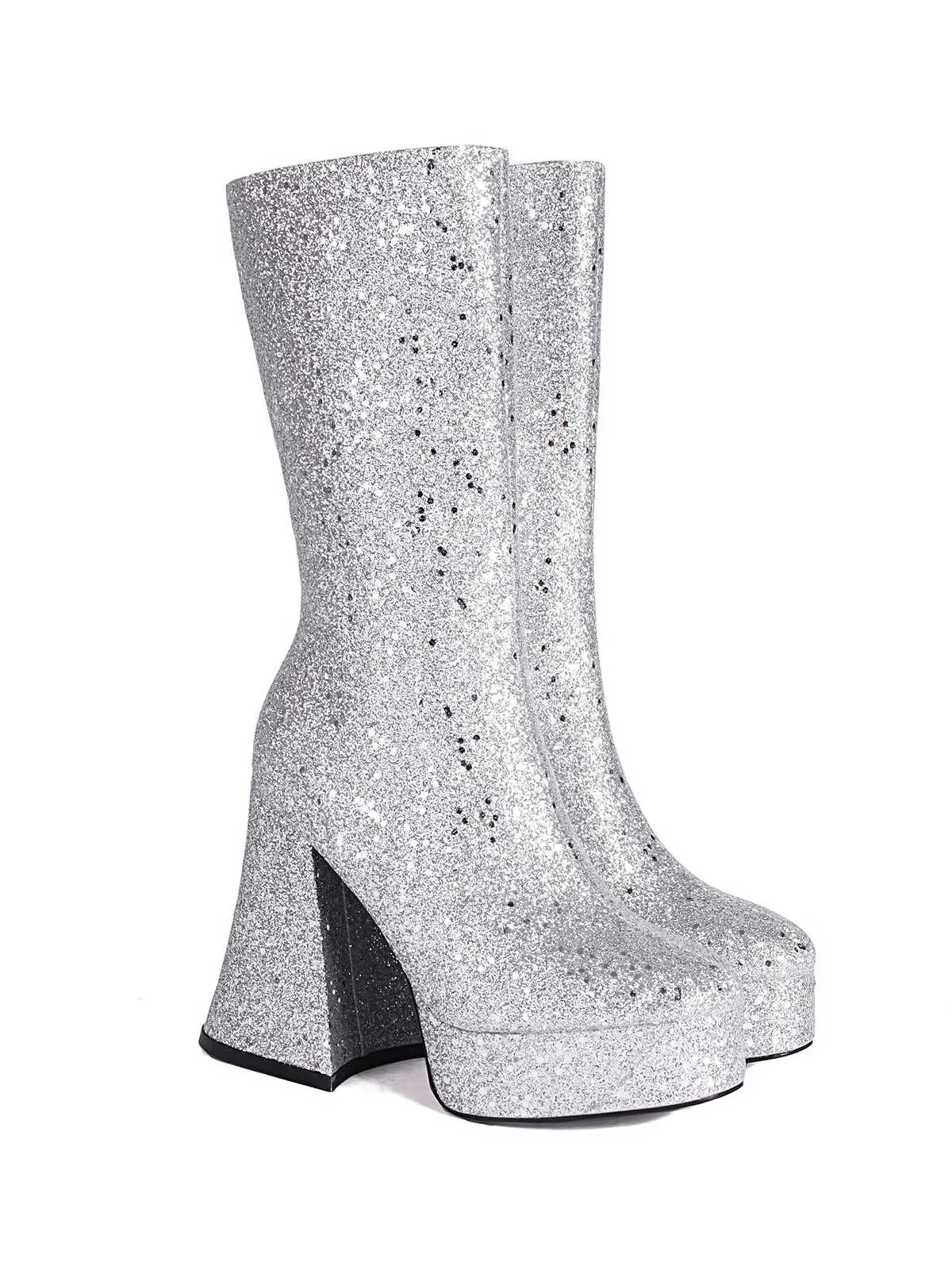 Square Toe Sequined Chunky Heel Mid-Calf Boots