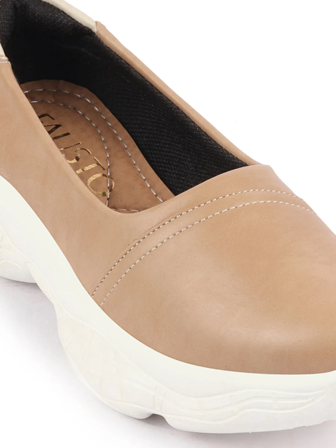 Women Beige Outdoor Fashion Stitched Design Slip On Shoes