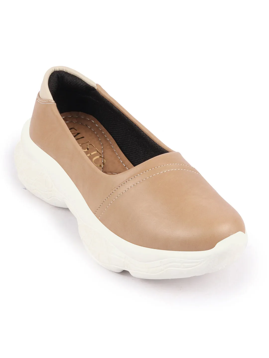 Women Beige Outdoor Fashion Stitched Design Slip On Shoes