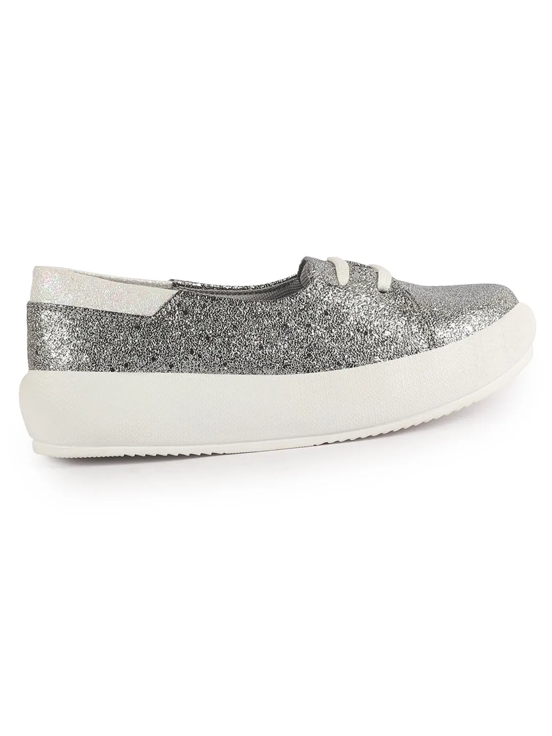 Women Silver Embellished Lace Height Enhancer Slip On Sneaker|Casual Shoe|Evening Party Shoe|Anti Skid Sole