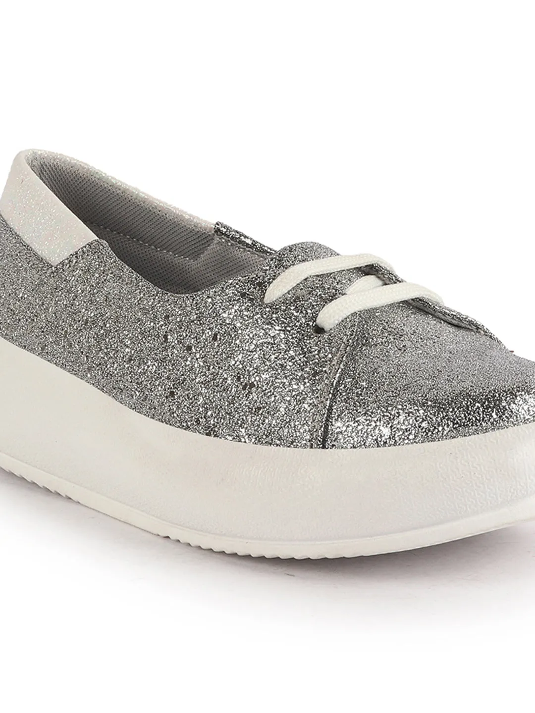 Women Silver Embellished Lace Height Enhancer Slip On Sneaker|Casual Shoe|Evening Party Shoe|Anti Skid Sole