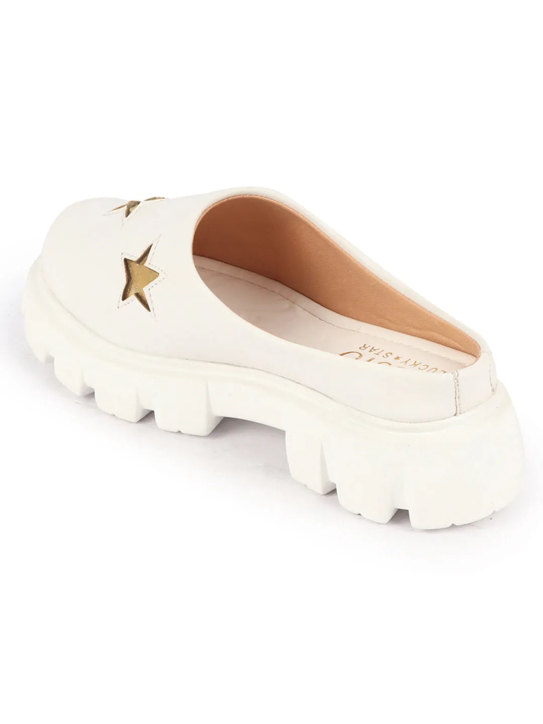 Women White Laser Cut Star Open Back Height Enhancer Slip On Casual Shoes