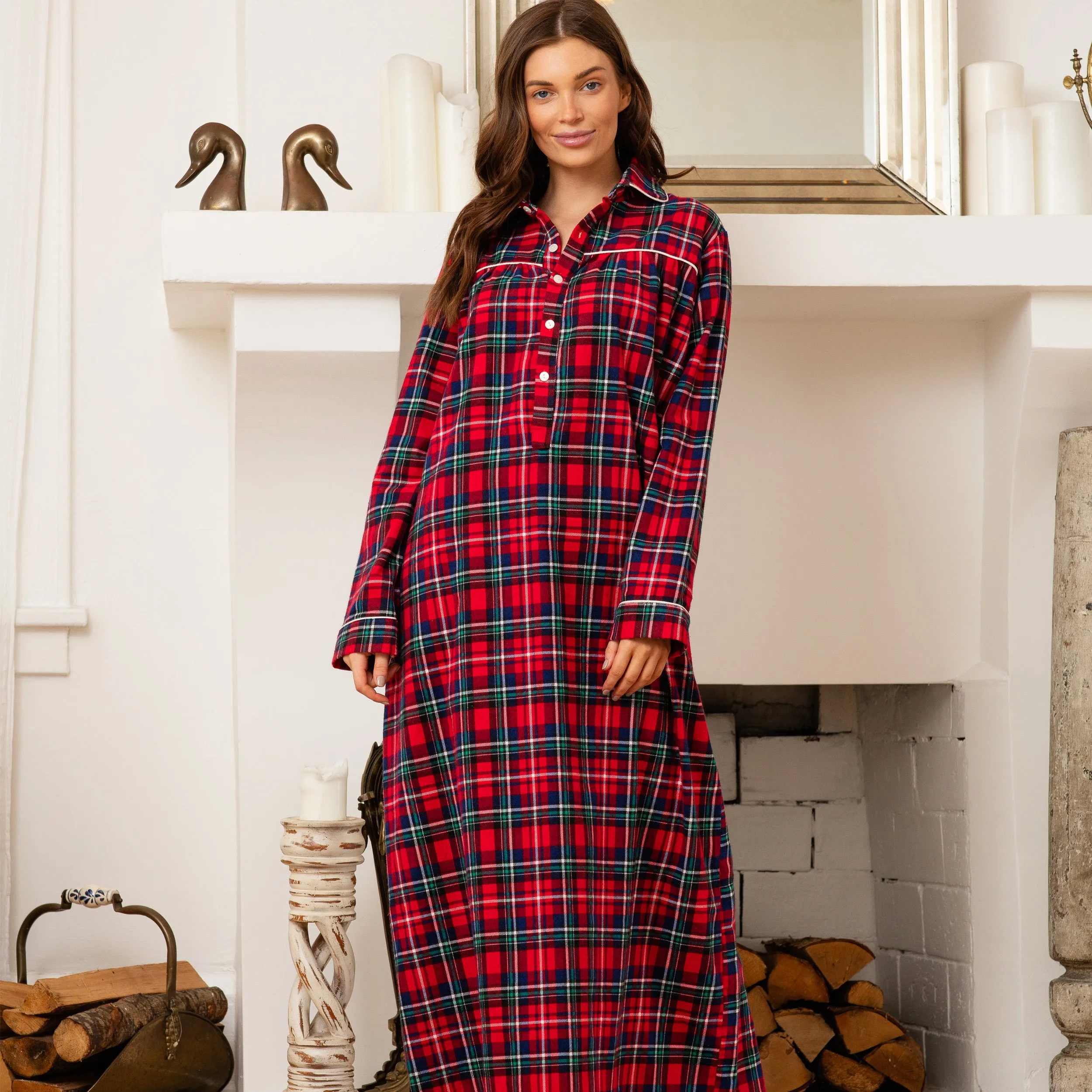 Women's Classic Winter Nightgown Sleep Dress with Pockets, Cotton Flannel Gown