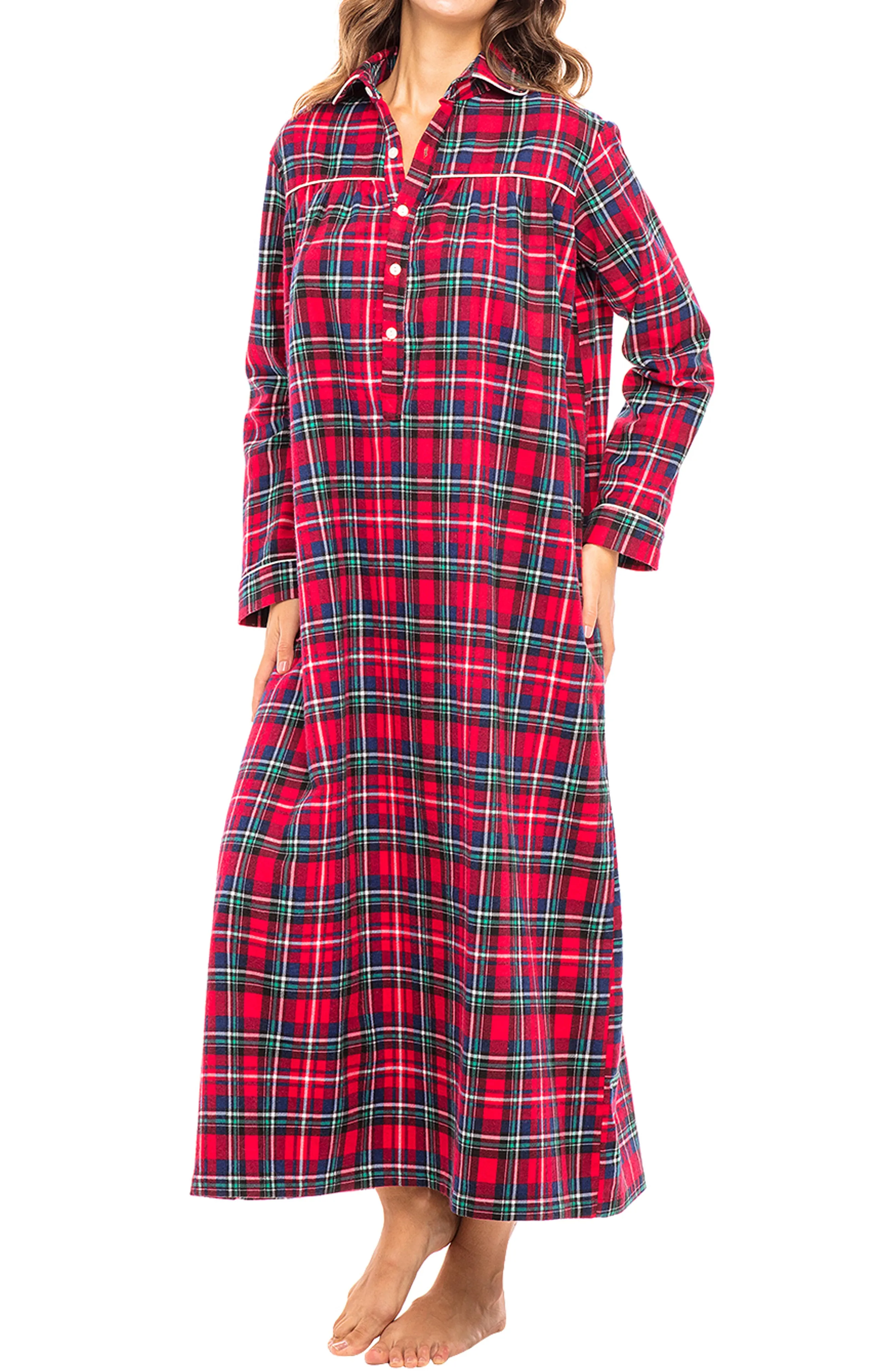 Women's Classic Winter Nightgown Sleep Dress with Pockets, Cotton Flannel Gown