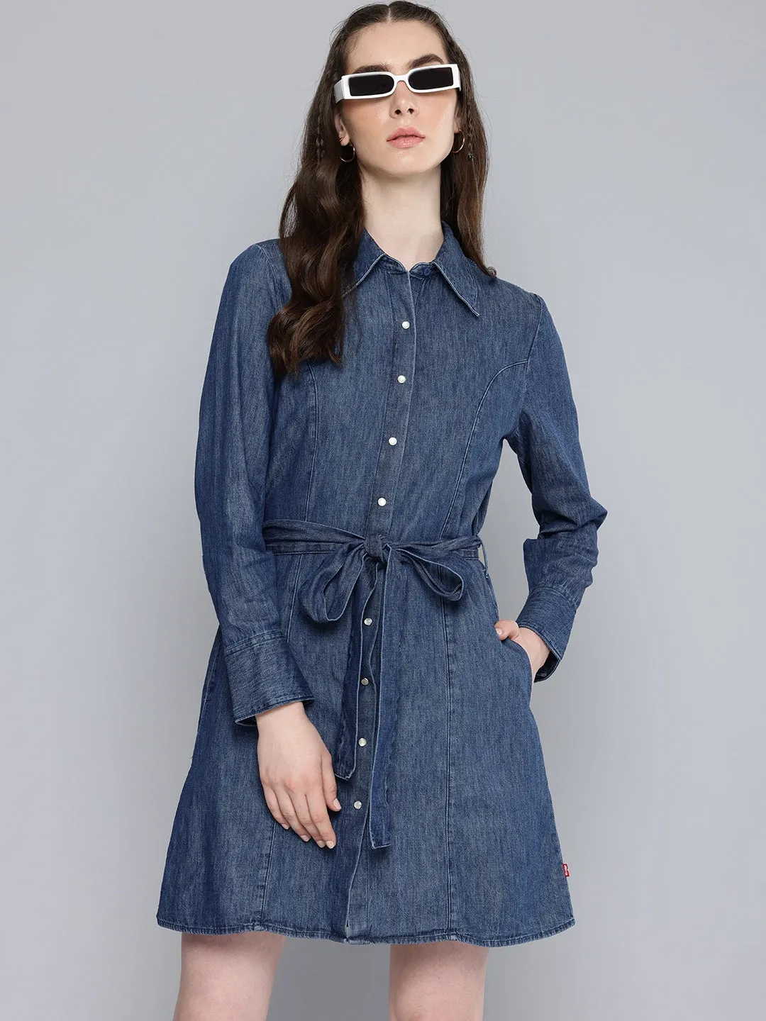 Women's Solid Navy Spread Collar Dress